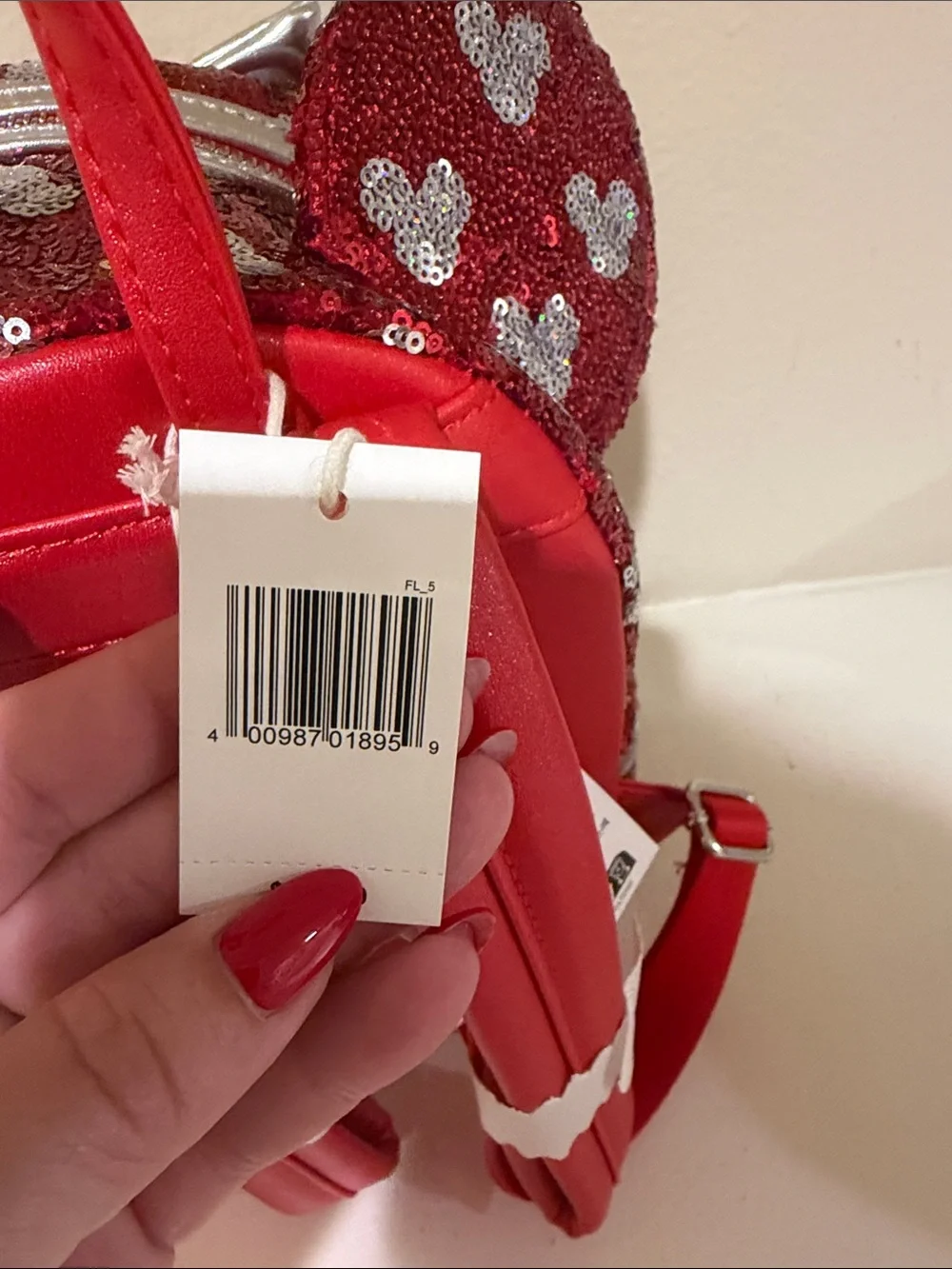 Loungefly Red Sequin Minnie Ear Mini Backpack with Silver Bow